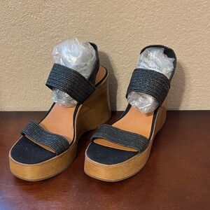 Lucky Brand Black Wood Sole Platform Wedge Slingback Sandals Women’s 9